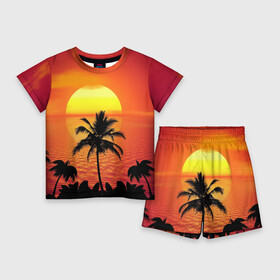 Детский костюм с шортами 3D с принтом Пальмы на фоне моря в Екатеринбурге,  |  | summer | восход | гаваи | гавайская | закат | лето | море | океан | отдых | отпуск | пальма | пальмы | солнце | туризм | туристическая