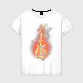 Женская футболка хлопок с принтом Огненная гитара в Екатеринбурге, 100% хлопок | прямой крой, круглый вырез горловины, длина до линии бедер, слегка спущенное плечо | Тематика изображения на принте: гитара | дым | огонь | пламя | струны