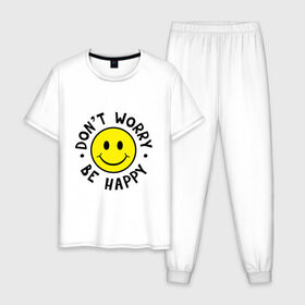 Мужская пижама хлопок с принтом DONT WORRY BE HAPPY в Екатеринбурге, 100% хлопок | брюки и футболка прямого кроя, без карманов, на брюках мягкая резинка на поясе и по низу штанин
 | bob marley | dont worry | face | happy | jamayka | music | smile | боб марли | веселье | музыка | не парься | смайлик | счастье | цитаты