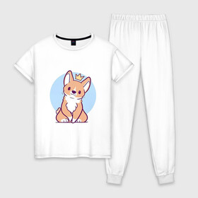 Женская пижама хлопок с принтом Милый щенок в Екатеринбурге, 100% хлопок | брюки и футболка прямого кроя, без карманов, на брюках мягкая резинка на поясе и по низу штанин | арт | корги | король | рисунок | рыжий | собака | щенок