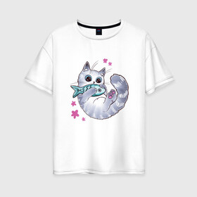 Женская футболка хлопок Oversize с принтом Котик с рыбкой в Екатеринбурге, 100% хлопок | свободный крой, круглый ворот, спущенный рукав, длина до линии бедер
 | игрушка | кот | котёнок | котик | рыба | рыбка | цветочки | цветы