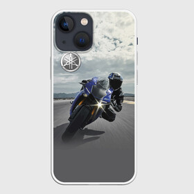 Чехол для iPhone 13 mini с принтом Yamaha в Екатеринбурге,  |  | clouds | helmet | motorcycle | racer | road | route | sky | speed | yamaha | гонщик | дорога | мотоцикл | небо | облака | скорость | трасса | шлем