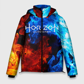 Мужская зимняя куртка 3D с принтом Horizon Zero Dawn FIRE в Екатеринбурге, верх — 100% полиэстер; подкладка — 100% полиэстер; утеплитель — 100% полиэстер | длина ниже бедра, свободный силуэт Оверсайз. Есть воротник-стойка, отстегивающийся капюшон и ветрозащитная планка. 

Боковые карманы с листочкой на кнопках и внутренний карман на молнии. | Тематика изображения на принте: aloy | antasy girl | art | artwork | digital art | fantasy | horizon | horizon: zero dawn | landscape | tallneck | warrior fantasy | weapon | zero dawn