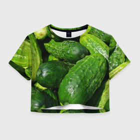 Женская футболка Crop-top 3D с принтом Огурцы в Екатеринбурге, 100% полиэстер | круглая горловина, длина футболки до линии талии, рукава с отворотами | еда | зелень | огород | огурец | огуречик | огурцы | огурчик | огурчики | природа | растение | растения | флора