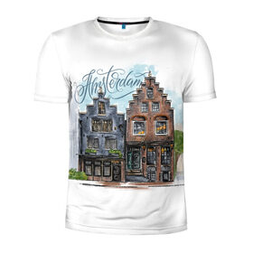Мужская футболка 3D спортивная с принтом Амстердам в Екатеринбурге, 100% полиэстер с улучшенными характеристиками | приталенный силуэт, круглая горловина, широкие плечи, сужается к линии бедра | амстердам | голландия | город | домики | европа | леттеринг | надпись | нидерланды | окна | путешествие | скетч