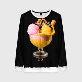 Женский свитшот 3D с принтом Мороженое в Екатеринбурге, 100% полиэстер с мягким внутренним слоем | круглый вырез горловины, мягкая резинка на манжетах и поясе, свободная посадка по фигуре | мороженое | сладости | стакан | чёрный | шоколад