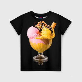 Детская футболка 3D с принтом Мороженое в Екатеринбурге, 100% гипоаллергенный полиэфир | прямой крой, круглый вырез горловины, длина до линии бедер, чуть спущенное плечо, ткань немного тянется | мороженое | сладости | стакан | чёрный | шоколад