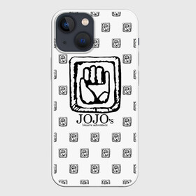 Чехол для iPhone 13 mini с принтом Лого джоджо белый в Екатеринбурге,  |  | anime | jojo | jojo’s bizarre adventure | аниме | анимэ | биззаре адвенчер | джо | джо джо | джоджо | джонатан джостар | дзёсукэ хигасиката | дзётаро кудзё | жожо | игги | кира | лого | манга | невероятные приключения
