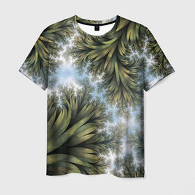 Мужская футболка 3D с принтом Зеленые листья в Екатеринбурге, 100% полиэфир | прямой крой, круглый вырез горловины, длина до линии бедер | абстракция | голубое | зеленые листья | листья | небо