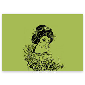 Поздравительная открытка с принтом Geisha 23 в Екатеринбурге, 100% бумага | плотность бумаги 280 г/м2, матовая, на обратной стороне линовка и место для марки
 | Тематика изображения на принте: девушка | сакура | цветы | япония