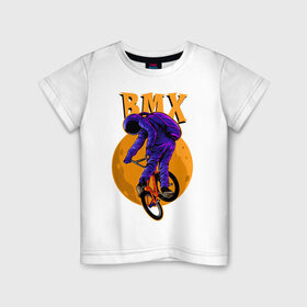 Детская футболка хлопок с принтом BMX в Екатеринбурге, 100% хлопок | круглый вырез горловины, полуприлегающий силуэт, длина до линии бедер | bicycle | bmx | cosmonaut | cosmos | moon | spacesuit | велосипед | космонавт | космос | луна | скафандр