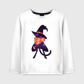 Детский лонгслив хлопок с принтом Хэллоунский кот маг в Екатеринбурге, 100% хлопок | круглый вырез горловины, полуприлегающий силуэт, длина до линии бедер | Тематика изображения на принте: волшебство | звезды | кот | маг | магия | осень | хэллоуин | хэловин | шарф | шляпа