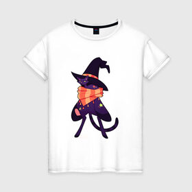 Женская футболка хлопок с принтом Хэллоунский кот маг в Екатеринбурге, 100% хлопок | прямой крой, круглый вырез горловины, длина до линии бедер, слегка спущенное плечо | волшебство | звезды | кот | маг | магия | осень | хэллоуин | хэловин | шарф | шляпа