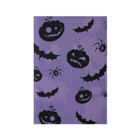 Обложка для паспорта матовая кожа с принтом Фиолетовый хэллоуин в Екатеринбурге, натуральная матовая кожа | размер 19,3 х 13,7 см; прозрачные пластиковые крепления | арт | вектор | вырезанные лица | летучая мышь | летучие мыши | паук | пауки | рисунок | тыква | тыквы | фиолетовый | черный