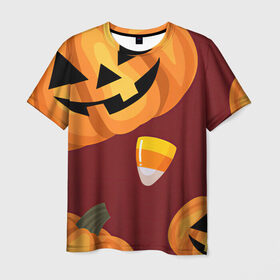 Мужская футболка 3D с принтом Сладкие хэллоуин в Екатеринбурге, 100% полиэфир | прямой крой, круглый вырез горловины, длина до линии бедер | арт | бардовый | красный | оранжевый | рисунок | сладости | сладость | тыква | тыквы
