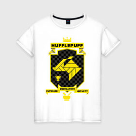 Женская футболка хлопок с принтом Hufflepuff в Екатеринбурге, 100% хлопок | прямой крой, круглый вырез горловины, длина до линии бедер, слегка спущенное плечо | harry potter | hufflepuff | vdzabma | гарри поттер | пуффендуй | хаффлпафф