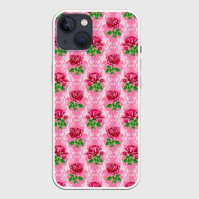 Чехол для iPhone 13 с принтом Декор из нежных роз в Екатеринбурге,  |  | fashion | flower pattern | girl | pink | roses | винтаж | винтажные | девушкам | зелень | лепестки | лето | листья | марта | нежные | пастельные | паттерн | пионы | подарок | природа | растения | ретро | роза | розы | узор