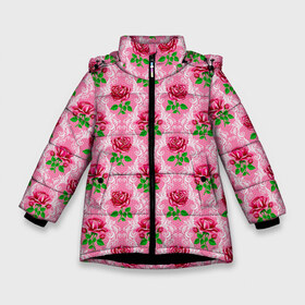 Зимняя куртка для девочек 3D с принтом Декор из нежных роз в Екатеринбурге, ткань верха — 100% полиэстер; подклад — 100% полиэстер, утеплитель — 100% полиэстер. | длина ниже бедра, удлиненная спинка, воротник стойка и отстегивающийся капюшон. Есть боковые карманы с листочкой на кнопках, утяжки по низу изделия и внутренний карман на молнии. 

Предусмотрены светоотражающий принт на спинке, радужный светоотражающий элемент на пуллере молнии и на резинке для утяжки. | Тематика изображения на принте: fashion | flower pattern | girl | pink | roses | винтаж | винтажные | девушкам | зелень | лепестки | лето | листья | марта | нежные | пастельные | паттерн | пионы | подарок | природа | растения | ретро | роза | розы | узор