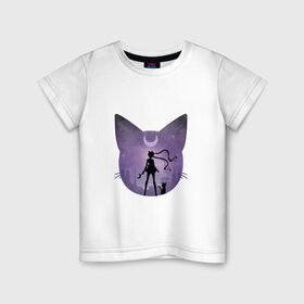 Детская футболка хлопок с принтом Лунный воен в Екатеринбурге, 100% хлопок | круглый вырез горловины, полуприлегающий силуэт, длина до линии бедер | Тематика изображения на принте: арт | девушка | кот | кошка | луна | нео королева серенити | ночь | перевёрнутая луна | рисунок | сейлор мун | силуэт | усаги цукино | фиолетовый