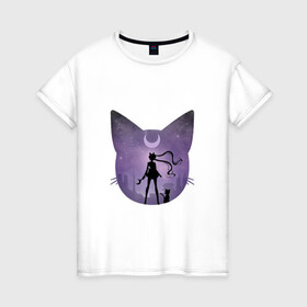 Женская футболка хлопок с принтом Лунный воен в Екатеринбурге, 100% хлопок | прямой крой, круглый вырез горловины, длина до линии бедер, слегка спущенное плечо | арт | девушка | кот | кошка | луна | нео королева серенити | ночь | перевёрнутая луна | рисунок | сейлор мун | силуэт | усаги цукино | фиолетовый