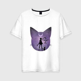 Женская футболка хлопок Oversize с принтом Лунный воен в Екатеринбурге, 100% хлопок | свободный крой, круглый ворот, спущенный рукав, длина до линии бедер
 | арт | девушка | кот | кошка | луна | нео королева серенити | ночь | перевёрнутая луна | рисунок | сейлор мун | силуэт | усаги цукино | фиолетовый