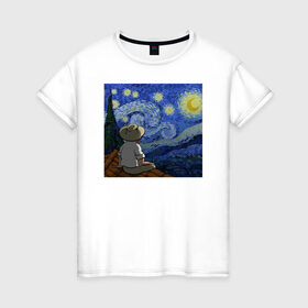 Женская футболка хлопок с принтом Винсент Вангог в Екатеринбурге, 100% хлопок | прямой крой, круглый вырез горловины, длина до линии бедер, слегка спущенное плечо | арт | винсент вангог | дождь | ночь | романтика | художник