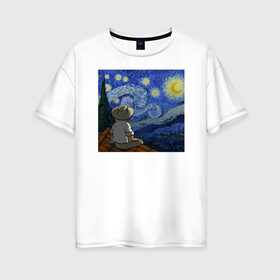 Женская футболка хлопок Oversize с принтом Винсент Вангог в Екатеринбурге, 100% хлопок | свободный крой, круглый ворот, спущенный рукав, длина до линии бедер
 | арт | винсент вангог | дождь | ночь | романтика | художник