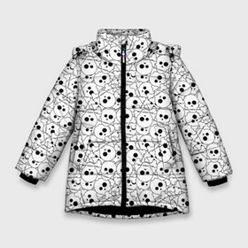 Зимняя куртка для девочек 3D с принтом Черепа черно-белые в Екатеринбурге, ткань верха — 100% полиэстер; подклад — 100% полиэстер, утеплитель — 100% полиэстер. | длина ниже бедра, удлиненная спинка, воротник стойка и отстегивающийся капюшон. Есть боковые карманы с листочкой на кнопках, утяжки по низу изделия и внутренний карман на молнии. 

Предусмотрены светоотражающий принт на спинке, радужный светоотражающий элемент на пуллере молнии и на резинке для утяжки. | boys | death | halloween | pattern | phantom | skull | глаза | готика | готический | зомби | кладбище | кости | мальчикам | монстры | мумия | паттерн | пацанские | привидение | призрак | скелет | страшные | татуировка