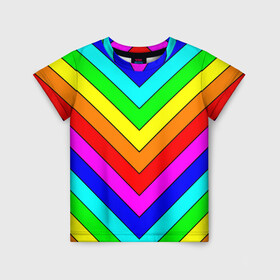 Детская футболка 3D с принтом Rainbow Stripes в Екатеринбурге, 100% гипоаллергенный полиэфир | прямой крой, круглый вырез горловины, длина до линии бедер, чуть спущенное плечо, ткань немного тянется | Тематика изображения на принте: geometry | gradient | neon | геометрические | градиент | детям | кислота | кислотный | конус | красочный | линии | неоновые | пирамида | полоска | полосы | радуга | радужный | разноцветные | сочный | треугольники
