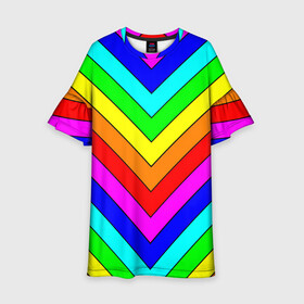 Детское платье 3D с принтом Rainbow Stripes в Екатеринбурге, 100% полиэстер | прямой силуэт, чуть расширенный к низу. Круглая горловина, на рукавах — воланы | geometry | gradient | neon | геометрические | градиент | детям | кислота | кислотный | конус | красочный | линии | неоновые | пирамида | полоска | полосы | радуга | радужный | разноцветные | сочный | треугольники