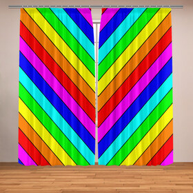 Фотошторы с принтом Rainbow Stripes в Екатеринбурге, Блэкаут (светозащита 90%) / Габардин (светозащита 40% | 2 полотна шириной по 145 см; Высота 200-300 см; Крепление: шторная лента (на крючки); | geometry | gradient | neon | геометрические | градиент | детям | кислота | кислотный | конус | красочный | линии | неоновые | пирамида | полоска | полосы | радуга | радужный | разноцветные | сочный | треугольники