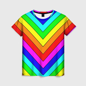 Женская футболка 3D с принтом Rainbow Stripes в Екатеринбурге, 100% полиэфир ( синтетическое хлопкоподобное полотно) | прямой крой, круглый вырез горловины, длина до линии бедер | geometry | gradient | neon | геометрические | градиент | детям | кислота | кислотный | конус | красочный | линии | неоновые | пирамида | полоска | полосы | радуга | радужный | разноцветные | сочный | треугольники