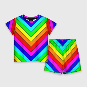 Детский костюм с шортами 3D с принтом Rainbow Stripes в Екатеринбурге,  |  | geometry | gradient | neon | геометрические | градиент | детям | кислота | кислотный | конус | красочный | линии | неоновые | пирамида | полоска | полосы | радуга | радужный | разноцветные | сочный | треугольники