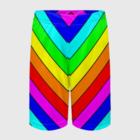Детские спортивные шорты 3D с принтом Rainbow Stripes в Екатеринбурге,  100% полиэстер
 | пояс оформлен широкой мягкой резинкой, ткань тянется
 | Тематика изображения на принте: geometry | gradient | neon | геометрические | градиент | детям | кислота | кислотный | конус | красочный | линии | неоновые | пирамида | полоска | полосы | радуга | радужный | разноцветные | сочный | треугольники