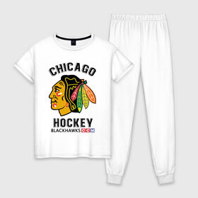 Женская пижама хлопок с принтом CHICAGO BLACKHAWKS NHL в Екатеринбурге, 100% хлопок | брюки и футболка прямого кроя, без карманов, на брюках мягкая резинка на поясе и по низу штанин | blackhawks | ccm | chicago | hockey | nhl | sport | usa | блэкхоукс | индеец | нхл | спорт | сша | хоккей | чикаго