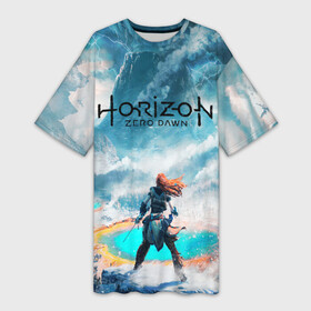 Платье-футболка 3D с принтом Horizon Zero Dawn в Екатеринбурге,  |  | aloy | antasy girl | art | artwork | digital art | fantasy | horizon | horizon: zero dawn | landscape | tallneck | warrior fantasy | weapon | zero dawn