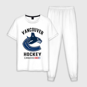 Мужская пижама хлопок с принтом VANCOUVER CANUCKS NHL в Екатеринбурге, 100% хлопок | брюки и футболка прямого кроя, без карманов, на брюках мягкая резинка на поясе и по низу штанин
 | Тематика изображения на принте: canada | canucks | hockey | nhl | sport | usa | vancouver | акула | ванкувер | канада | кэнакс | логотип | нхл | спорт | хоккей | челюсти