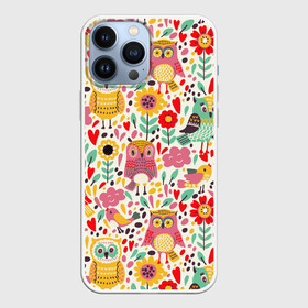 Чехол для iPhone 13 Pro Max с принтом Красочные совы и цветы в Екатеринбурге,  |  | autumn | cute | flowers | spring | summer | весна | воробей | лепестки | лето | маки | милота | милые | облака | облачка | осень | поле | природа | птичка | птички | ромашки | сердечки | синица | синичка | сова | совушки