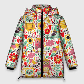 Женская зимняя куртка 3D с принтом Красочные совы и цветы в Екатеринбурге, верх — 100% полиэстер; подкладка — 100% полиэстер; утеплитель — 100% полиэстер | длина ниже бедра, силуэт Оверсайз. Есть воротник-стойка, отстегивающийся капюшон и ветрозащитная планка. 

Боковые карманы с листочкой на кнопках и внутренний карман на молнии | Тематика изображения на принте: autumn | cute | flowers | spring | summer | весна | воробей | лепестки | лето | маки | милота | милые | облака | облачка | осень | поле | природа | птичка | птички | ромашки | сердечки | синица | синичка | сова | совушки