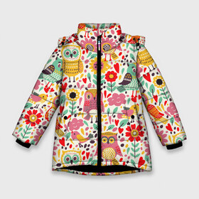 Зимняя куртка для девочек 3D с принтом Красочные совы и цветы в Екатеринбурге, ткань верха — 100% полиэстер; подклад — 100% полиэстер, утеплитель — 100% полиэстер. | длина ниже бедра, удлиненная спинка, воротник стойка и отстегивающийся капюшон. Есть боковые карманы с листочкой на кнопках, утяжки по низу изделия и внутренний карман на молнии. 

Предусмотрены светоотражающий принт на спинке, радужный светоотражающий элемент на пуллере молнии и на резинке для утяжки. | autumn | cute | flowers | spring | summer | весна | воробей | лепестки | лето | маки | милота | милые | облака | облачка | осень | поле | природа | птичка | птички | ромашки | сердечки | синица | синичка | сова | совушки