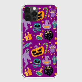 Чехол для iPhone 12 Pro Max с принтом Happy Halloween в Екатеринбурге, Силикон |  | Тематика изображения на принте: bones | candle | candy | fangs | flask | ghost | hand | hat | jaw | owl | pumpkin | skull | star | звезда | клыки | колба | конфета | кости | пасть | призрак | рука | свеча | сова | череп | шляпа