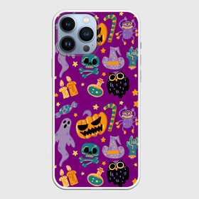 Чехол для iPhone 13 Pro Max с принтом Happy Halloween в Екатеринбурге,  |  | Тематика изображения на принте: bones | candle | candy | fangs | flask | ghost | hand | hat | jaw | owl | pumpkin | skull | star | звезда | клыки | колба | конфета | кости | пасть | призрак | рука | свеча | сова | череп | шляпа