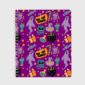 Тетрадь с принтом Happy Halloween в Екатеринбурге, 100% бумага | 48 листов, плотность листов — 60 г/м2, плотность картонной обложки — 250 г/м2. Листы скреплены сбоку удобной пружинной спиралью. Уголки страниц и обложки скругленные. Цвет линий — светло-серый
 | bones | candle | candy | fangs | flask | ghost | hand | hat | jaw | owl | pumpkin | skull | star | звезда | клыки | колба | конфета | кости | пасть | призрак | рука | свеча | сова | череп | шляпа