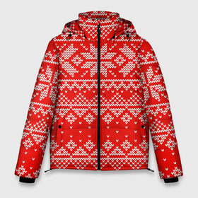 Мужская зимняя куртка 3D с принтом Красный зимний орнамент в Екатеринбурге, верх — 100% полиэстер; подкладка — 100% полиэстер; утеплитель — 100% полиэстер | длина ниже бедра, свободный силуэт Оверсайз. Есть воротник-стойка, отстегивающийся капюшон и ветрозащитная планка. 

Боковые карманы с листочкой на кнопках и внутренний карман на молнии. | geometry | new year | pattern | retro | snow | winter | аляска | вязаный | геометрия | девяностые | дед мороз | зима | ковер | новогодние | новый год | олени | паттерн | подарок | ретро | рождество | свитер | снег | снеговик