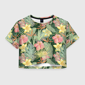 Женская футболка Crop-top 3D с принтом Тропические растения и цветы в Екатеринбурге, 100% полиэстер | круглая горловина, длина футболки до линии талии, рукава с отворотами | банан | желтый | зеленый | красный | листья | орхидея | пальма | плюмерия | стрелиция | тропики | цветы | экзотика