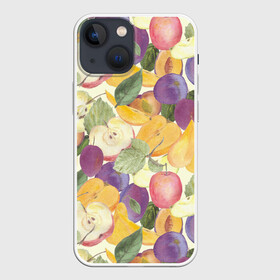 Чехол для iPhone 13 mini с принтом Фрукты. Фруктовый сад в Екатеринбурге,  |  | груша | желтый | лист | плод | половина | сад | слива | сочный | спелый | урожай | фиолетовый | фрукты | целое | яблоко