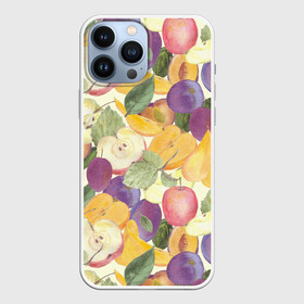 Чехол для iPhone 13 Pro Max с принтом Фрукты. Фруктовый сад в Екатеринбурге,  |  | груша | желтый | лист | плод | половина | сад | слива | сочный | спелый | урожай | фиолетовый | фрукты | целое | яблоко