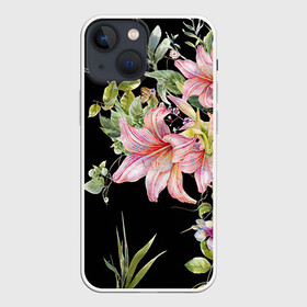Чехол для iPhone 13 mini с принтом Букет лилий в Екатеринбурге,  |  | арт | лилии | рисунок | розовый | цветок | цветы | чёрный
