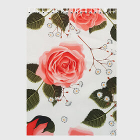 Скетчбук с принтом Нежные розы в Екатеринбурге, 100% бумага
 | 48 листов, плотность листов — 100 г/м2, плотность картонной обложки — 250 г/м2. Листы скреплены сверху удобной пружинной спиралью | арт | белый | зеленый | красная роза | красные розы | красный | рисунок | роза | розовая роза | розовые розы | розовый | розы | цветок | цветы