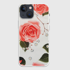 Чехол для iPhone 13 mini с принтом Нежные розы в Екатеринбурге,  |  | арт | белый | зеленый | красная роза | красные розы | красный | рисунок | роза | розовая роза | розовые розы | розовый | розы | цветок | цветы